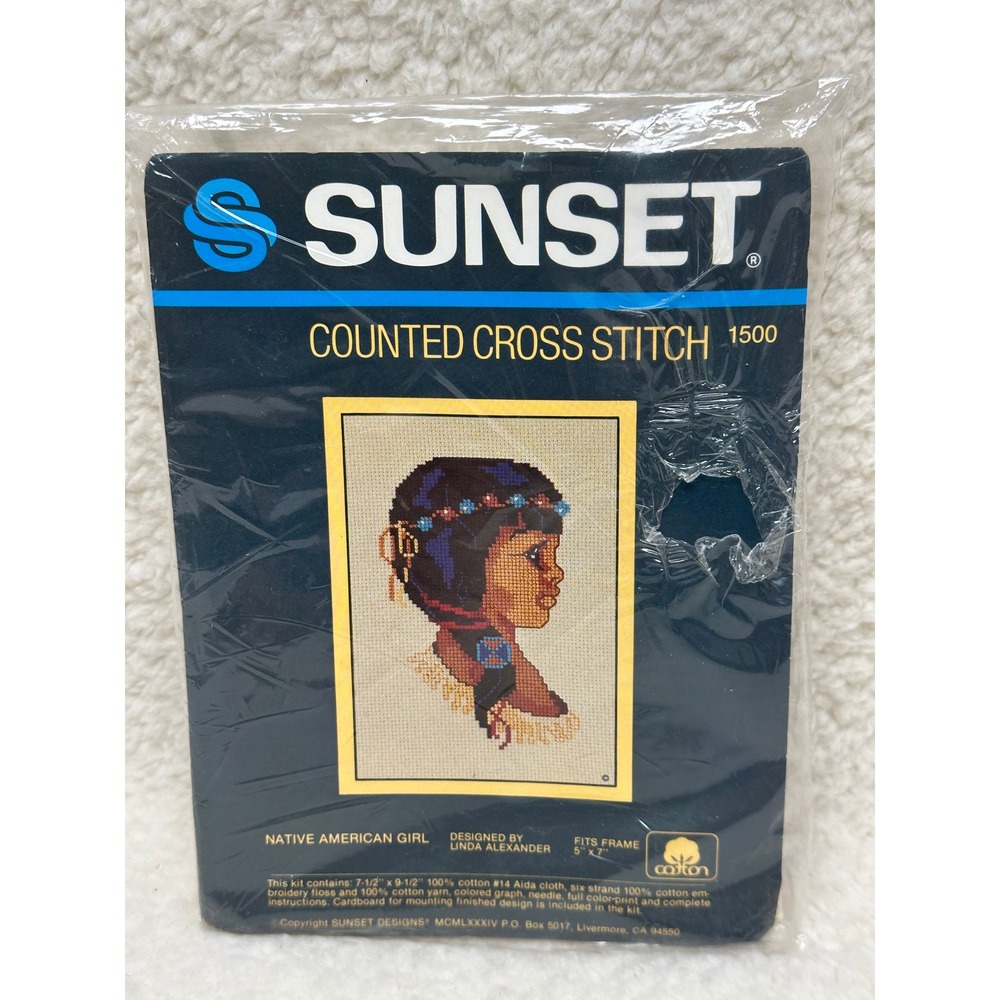 Sunset Counted Cross Stitch Native American Girl Kit 1500 Linda Alexander 1984